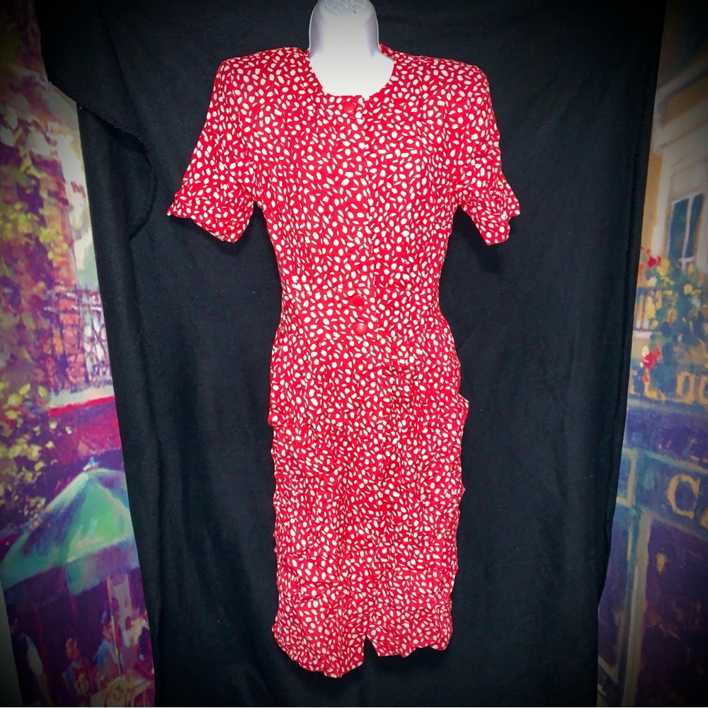 Vintage Karin Stevens Red Polka Dot Dress Petite Size 8 Shoulder Pads Pockets